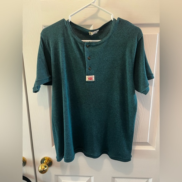 VINTAGE Levis Shirts For Jeans Mens Green quarter button t-shirt - Picture 2 of 11